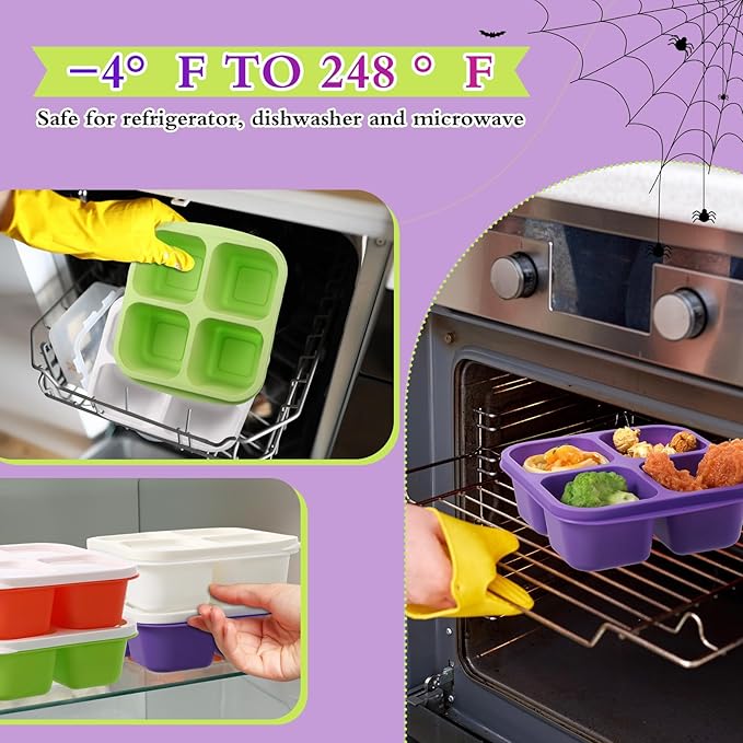 Honeydak 10 Pack Snack Container 4 Compartment Reusable Bento Snack Boxes Divided Lunchable Containers with Lids Meal Prep Lunch Food Storage Boxes for School Work Travel(Halloween Color)