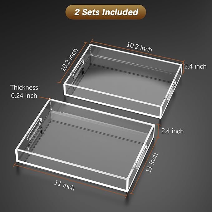 2 Pack Clear Serving Trays with Handle 11X11 -Lucite Acrylic Tray Set for Serving Food- 6mm Thick Small Stackable Bathroom Organizer-(11x11X2.4,10.2x10.2X2.4)