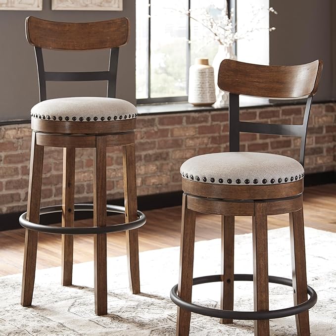Signature Design by Ashley Valebeck Rustic Farmhouse Swivel Bar Stool – 24.5″ Counter Height, 360° Swivel Metal & Wood Frame, Polyester Upholstery – Brown