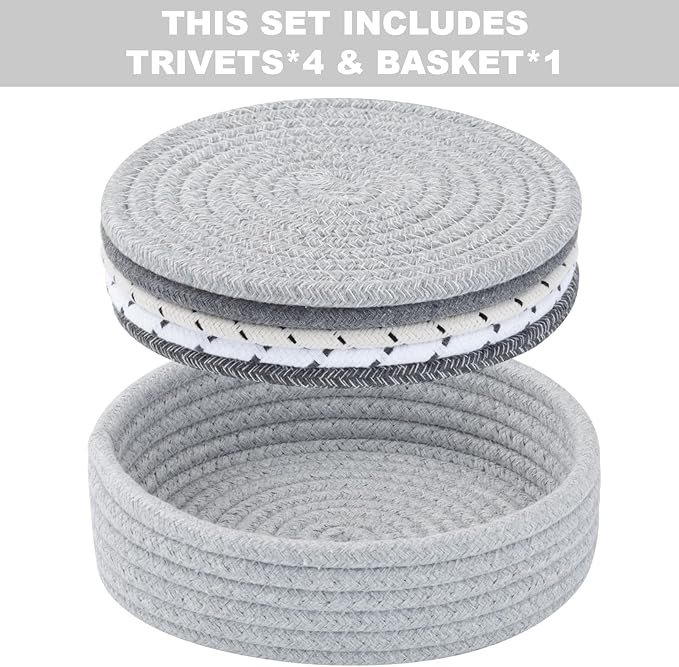 Trivets for Hot Dishes, Pots and Pans, Heat Resistant Hot Pads with Storage Basket, Pot Holders for Kitchen Countertop, Trivet Mats Home Essentials Farmhouse Decor (Grey 5 Pcs)