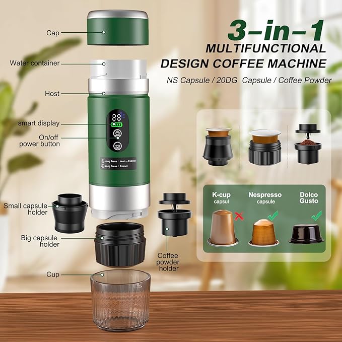Portable Espresso Machine with Removeable Battery, 20 bar Mini Travel Coffee maker, Expresso Coffee Maker with USB-C,3-in-1 Car Coffee Maker Self-Heating, Ground Coffee & Capsule(Ns&DG)