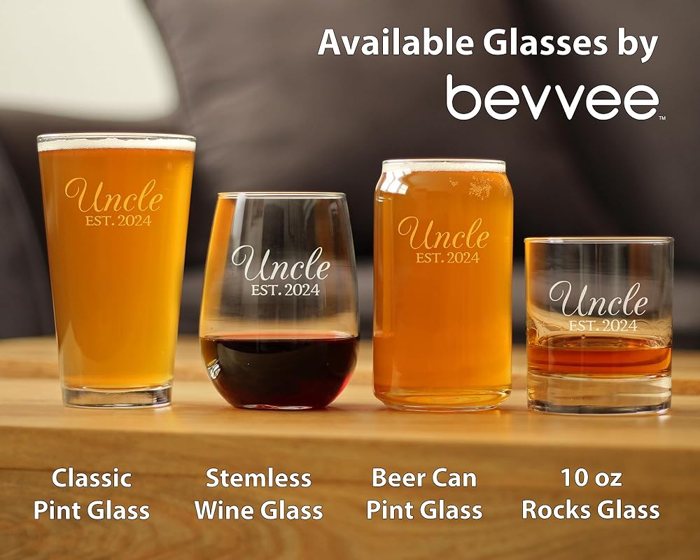 Uncle Est 2024 - Beer Can Pint Glass Gift for First Time Uncles - Decorative 16 Oz Glasses