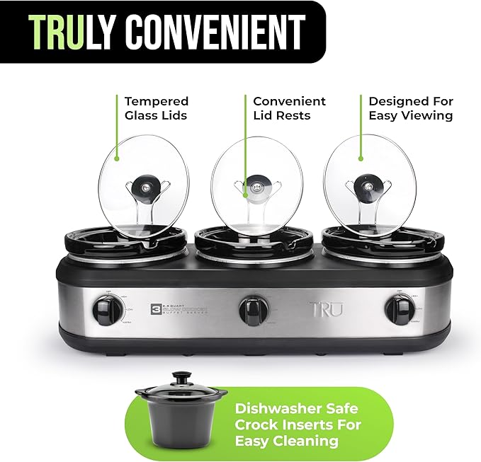 TRU Triple Buffet Server - Three 2.5 Quart Removable Crock Inserts - Slow Cooker & Food Warmer with Individual Heat Control - Includes Lid Rests & Serving Spoons
