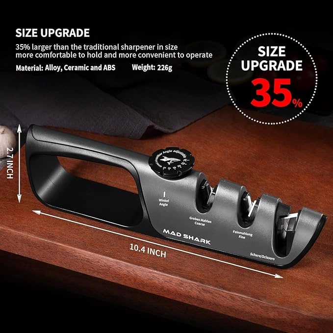 MAD SHARK Knife Sharpener, 6 Adjustable Sharpening Angle, Coarse & Fine Knife Sharpener Tool, Handheld Manual Knives Sharpener for Precision Kitchen Knives, Pocket, Scissors, Black