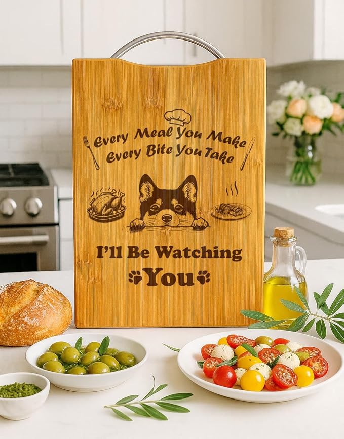 Personalized Engraved Bamboo Cutting Board, Funny Dog Gift for Dog Lovers, Handmade Kitchen Decor – I’ll Be Watching You (Shiba Inu)