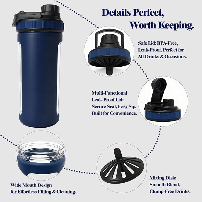 Glass Shaker Cup Odorless BPA Free– Glass Shaker Bottle for Protein 26oz Durable Borosilicate Glass, Leak-Proof & BPA-Free – Ideal for Creamy Protein Shakes, Smoothies & Workout Drinks(Navy Blue)