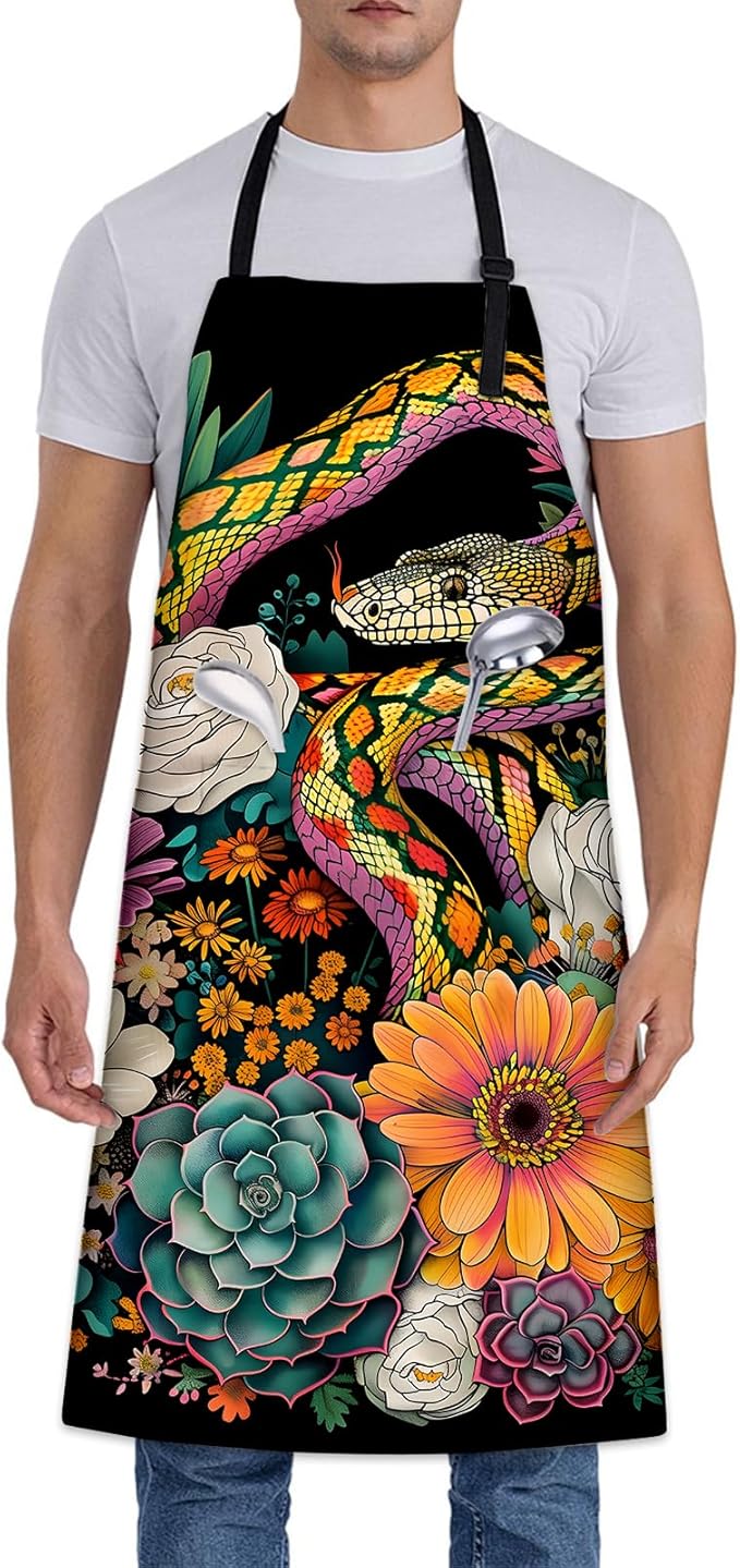 Colorful Snake Apron, Adjustable Kitchen Vibrant Floral Design Aprons with Pockets for Cooking BBQ Gardening, 28×33 IN, Holiday Gifts for Women Mom Wife, for Chef Baking, Oxford Fabric
