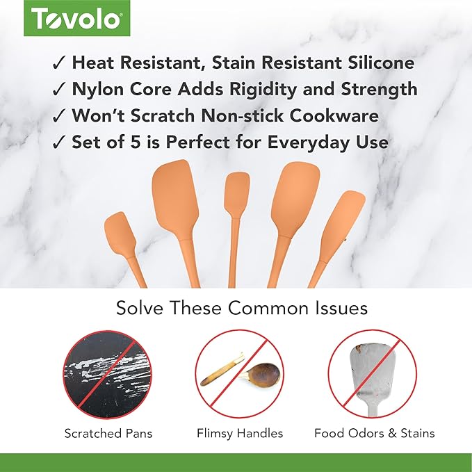 Tovolo 5-Piece Silicone Utensil Set (Apricot): Spatula, Spoonula, Jar Scraper, Mini Spatula, Mini Spoonula