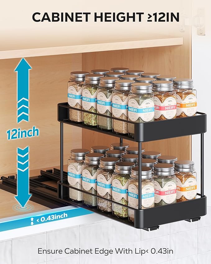Nieifi Spice Rack Organizer for Cabinet, Vertical Spice Rack Pull Out, Easy to Install, Metal, 6.5''Wx10.35''Dx8.4''H, 1 Pack, 2 Tiers(Black)