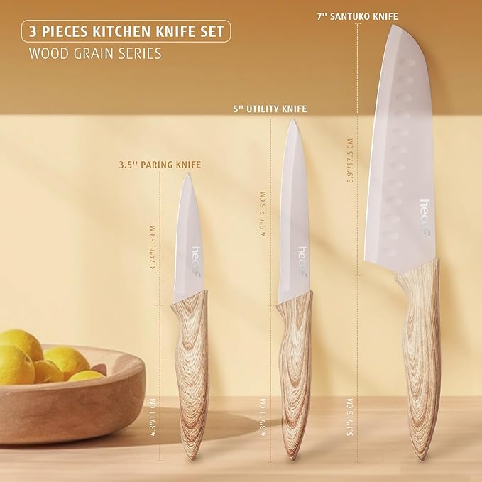 hecef Knife Set of 3, Stainless Steel Blade with Non-stick Coating, Sharp Kitchen Knives Includes Santoku, Utility, Paring Knives