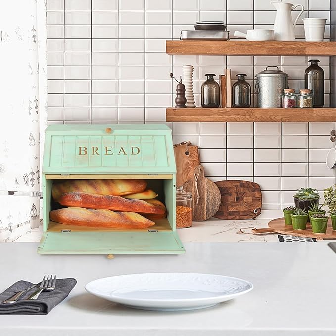HOMEKOKO Double Layer Large Bread Box for Kitchen Counter, Retro Design Wooden Large Capacity Bread Storage Bin (Mint Green)