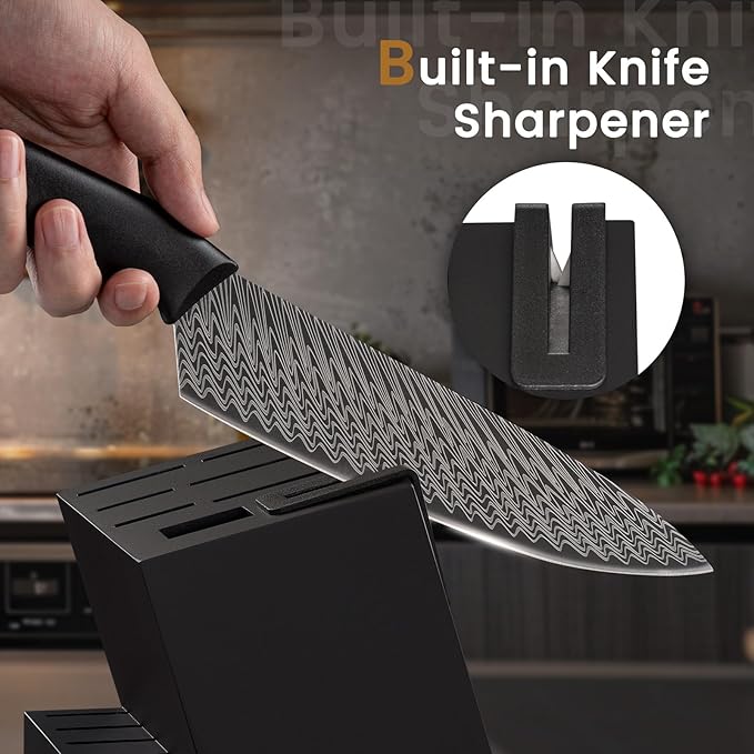 Knife Set, Amorston 15 Pieces Kitchen Knife Set with Built in Knife Sharpener, High Carbon German Stainless Steel Knife Block Set, Dishwasher Safe Knives Set, Black