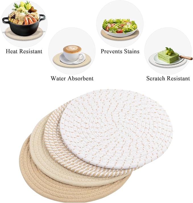 SHACOS 10 Inches Trivets for Hot Dishes, 4 Pieces Cotton Trivets Mats for Kitchen, Hot Pads for Countertops and Table, Heat-Resistant Pot Holders for Hot Pots and Pans(Khaki, 4pcs)