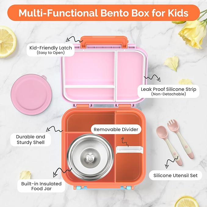Bento Box for Kids with Soup Thermos(9oz)– Kid Bento Lunch Box with Leak Proof Insulated Food Jar, Hot & Cold Lunch Container Set for School Girls Boys, 4-Compartments, Pink/Orange