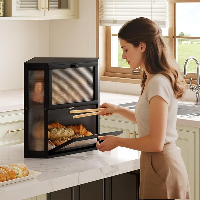 WOWLIVE Corner Bread Box for Kitchen Countertop, Double Layer Bamboo Bread Storage Container, Large Farmhouse Bread box with Acrylic Wavy Door Panel, Under Cabinet Organizer (Black, Extra Large)