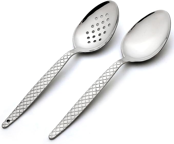 Chef Kunz Spoon | Pack of 2 | 18/10 Stainless Steel Professional Chef's 9 inch Solid Bowl Silver Plating Spoon | Non-Slip Grip Spoons for Basting, Quenelle, Serving, Sauces