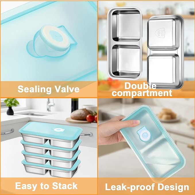 Stainless Steel Snack Containers with Lids, Reusable Bento Lunch Container Box, Food Storage, Leak Proof, Dishwasher-Safe, Grab and Go for Work, 2 Pack-Double Compartment