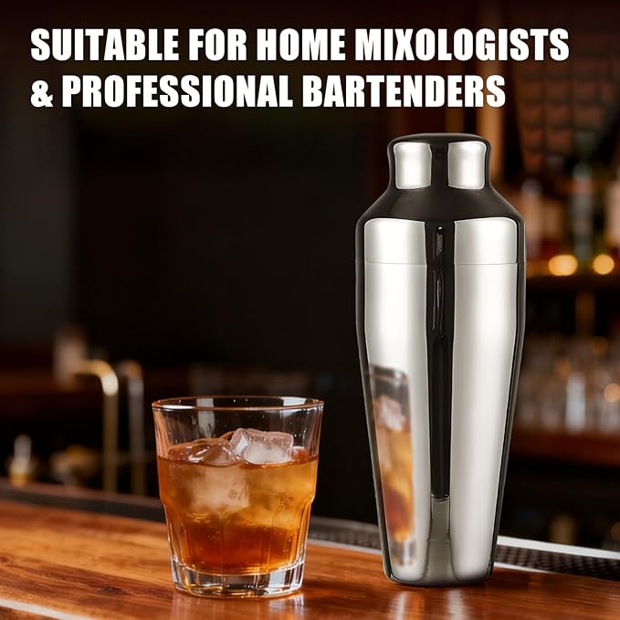 Cocktail Shaker, Martini Shaker, 24oz Stainless Steel, Leakproof Alcohol Bartending, Mirror Finish, Drink Shaker for Cocktails, Christmas Gifts for Men（Silver）