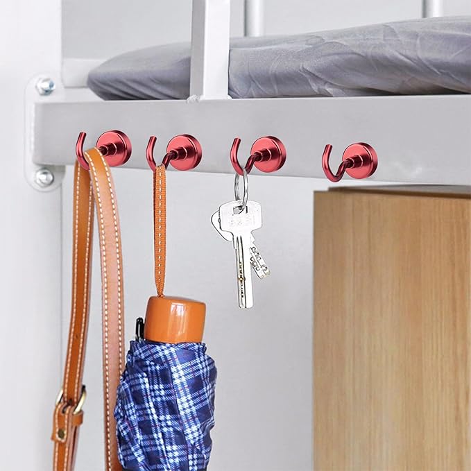 MIKEDE Magnetic Hooks Heavy Duty, 30LB+ Strong Magnets with Hook for Fridge, Neodymium Extra Strength Industrial Hooks for Hanging, Magnetic Hanger for Toolbox, Cruise, Grill(Red,4 Pack)