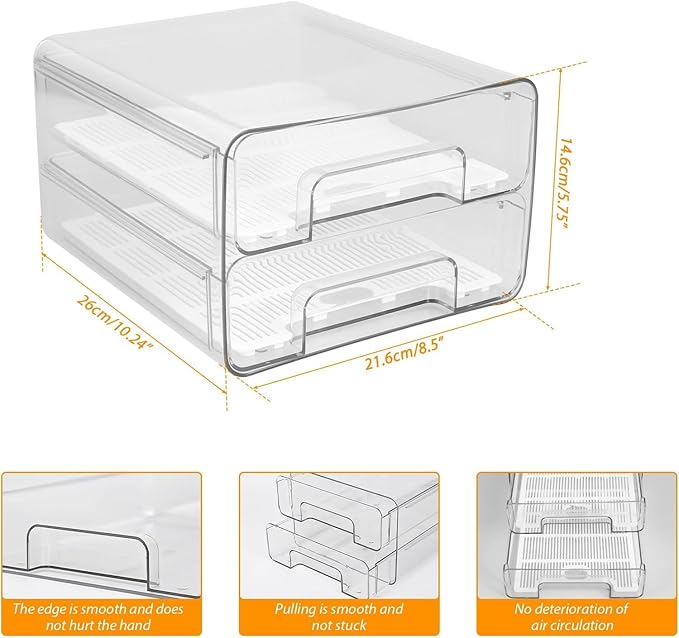 US Fridge Drawers with Lids Stackable Pull Out Fridge Storage Containers Double Layer Clear Plastic Refrigerator Organizer Bins with Drain Tray for Kitchen Refrigerator Cabinets