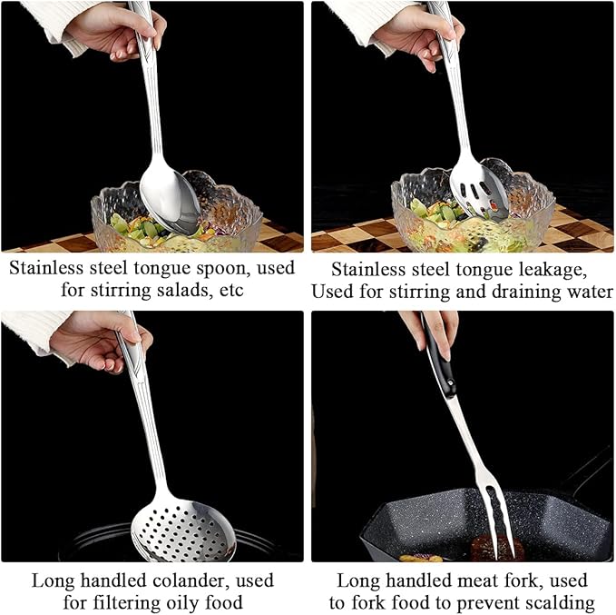 Berglander Stainless Steel Kitchen Utensils Set 6 Pcs, Cooking Utensil Sets, Kitchen Gadgets Essentials Include Metal Spatula Set, Skimmer, Ladle, Serving Spoon, Slotted Spoon, Carving Fork