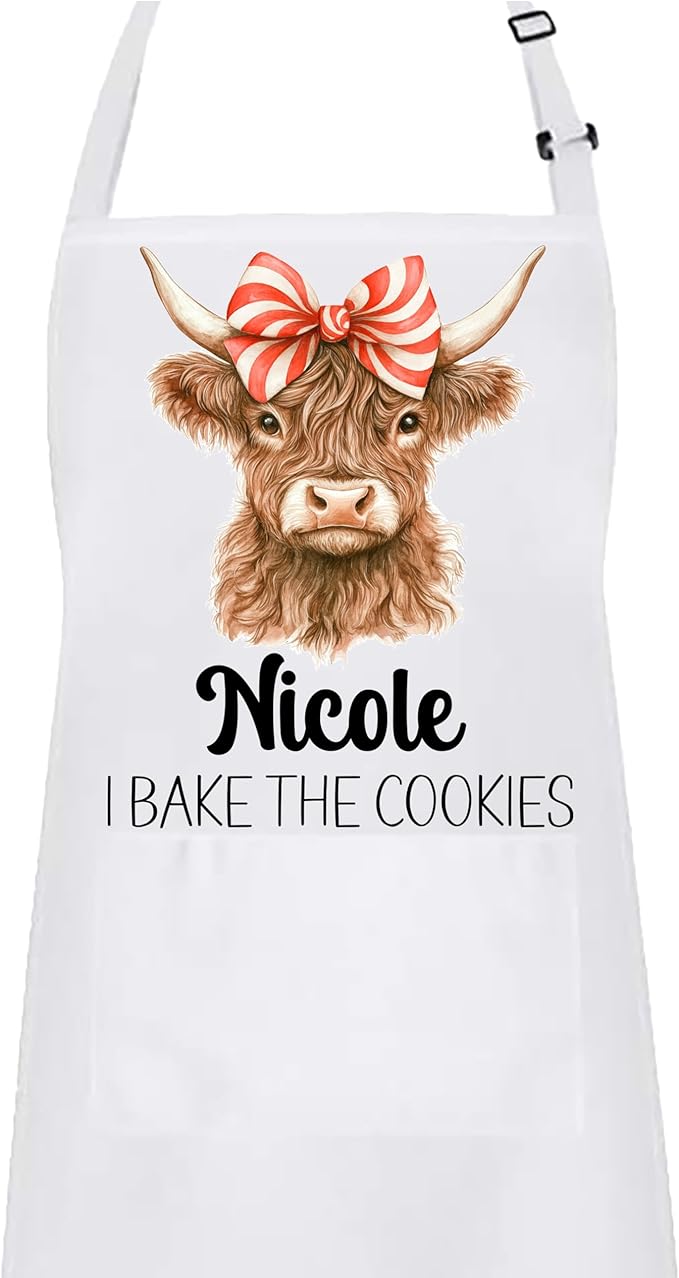 Mommy and Me Highland Cow with Peppermint Swirl Bow Apron Set – Matching Christmas Baking Aprons, Cow Kitchen Gift