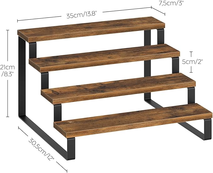 Spice Rack, 4 Tier Wooden Display Riser Stand, Kitchen Storage Organizer for Spices, Versatile Display Shelf, Space Saving, for Kitchen Countertop and Cabinet, Rustic Brown SR04L2BR