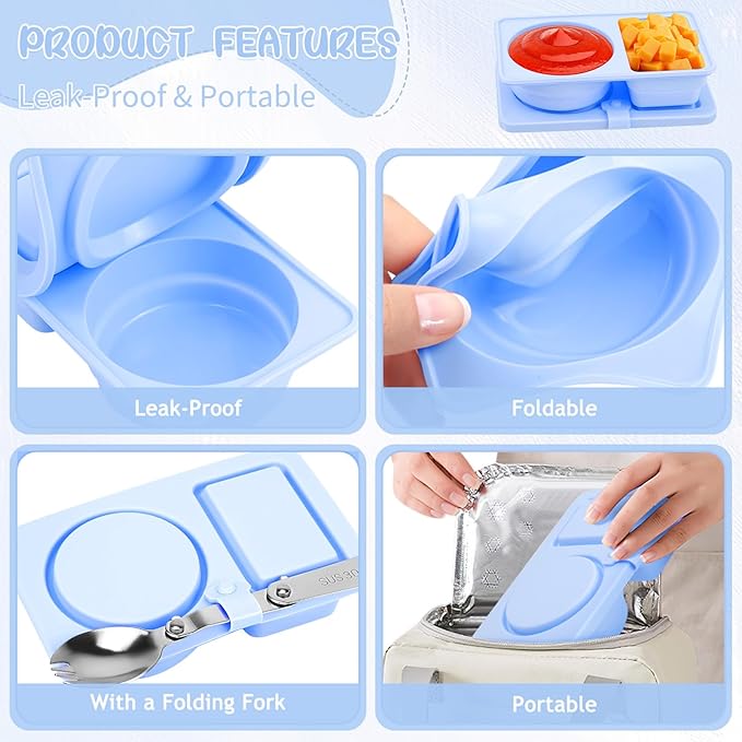 4 Pack Silicone Reusable Snack Containers with Lids, Double Compartment Snack Containers with Foldable Fork, Small Size for Sauce Containers, Travel, School, Office & Picnic