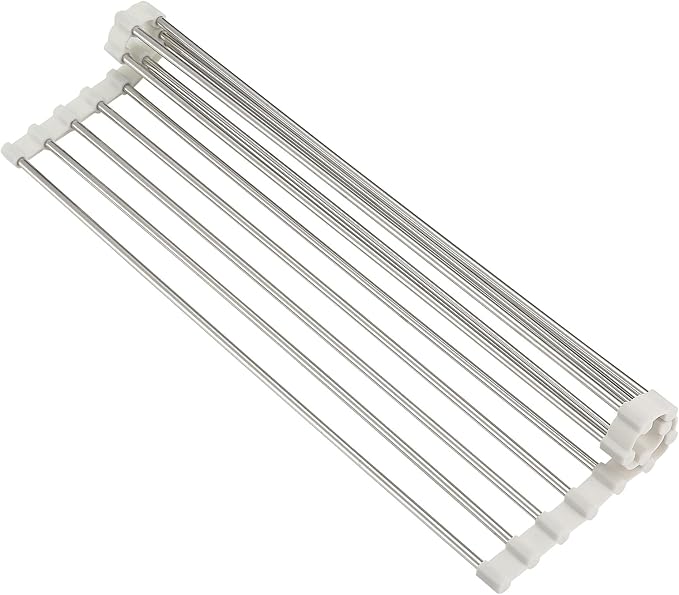Roll Up Dish Drying Rack, Over Sink Multipurpose Rack, 17.6" x 9.3" Stainless Steel Foldable Dish Drainer, White