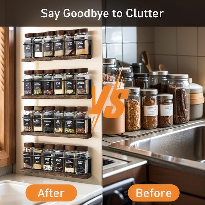 Wooden Lid Magnetic Spice Rack with 24 Jars, 216 Labels, 1 Steel Funnel for Refrigerator，Microwave Oven - Full Set of Spice Organizer