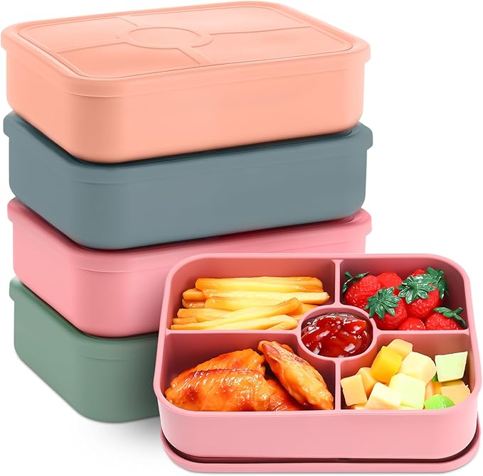 4 Pack Silicone Bento Boxes for Adults, 5 Compartment Reusable Lunch Containers with Sauce Section, Leakproof Meal Prep Snack Box Microwave & Dishwasher Safe for Work School Office(Dark Color)