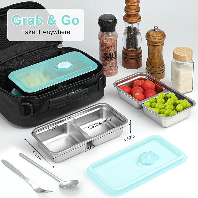 KITHELP 4 Pcs Grab and Go Snack Containers Reusable with Lids, Double Compartment Snack Containers with 2 Forks 2 Spoons, Stainless Steel Snack Container for Camping, Lunch, Dessert