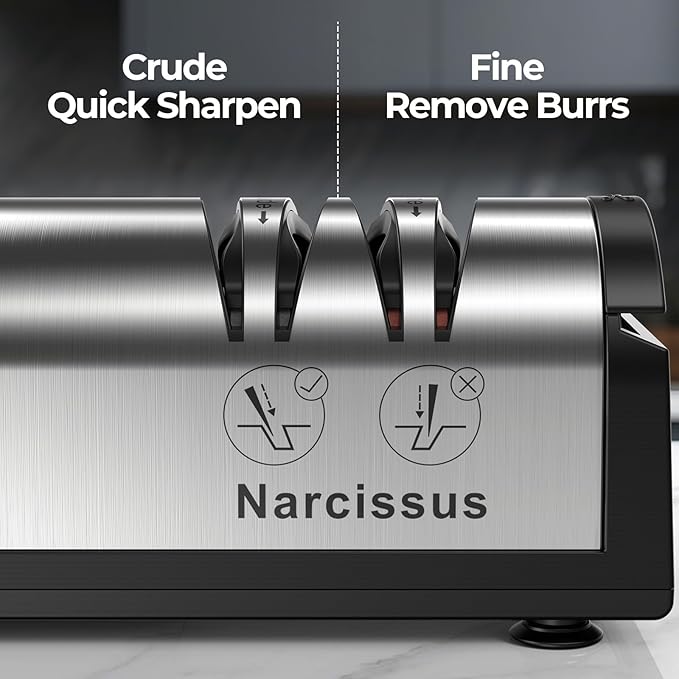 Narcissus Knife Sharpener, Professional 2 Stage Electric Knife Sharpener for Quick Sharpening & Polishing, with Scissors Sharpener and Metal Dust Collection Box, Stainless Steel, Silver