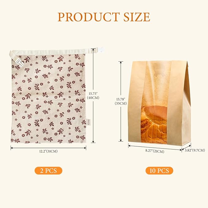 2 Pack Reusable Beeswax Bread Bags for Sourdough,Cotton Beeswax Bag with 10 Pcs Bread Bags for Homemade Bread,Storage Bags for Bread Cookies & Snacks Preservation,Freezer-Safe,Keeping Fresh