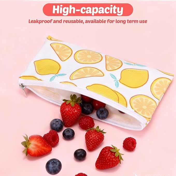 Chumia 6 Pcs Reusable Snack Bags Christmas Gifts Food Safety Washable Snack Bags Lunch with Zipper Portable Sandwich Bag Food Storage Pouch Double Layer(Fruit,6.9 x 3.7 Inches)