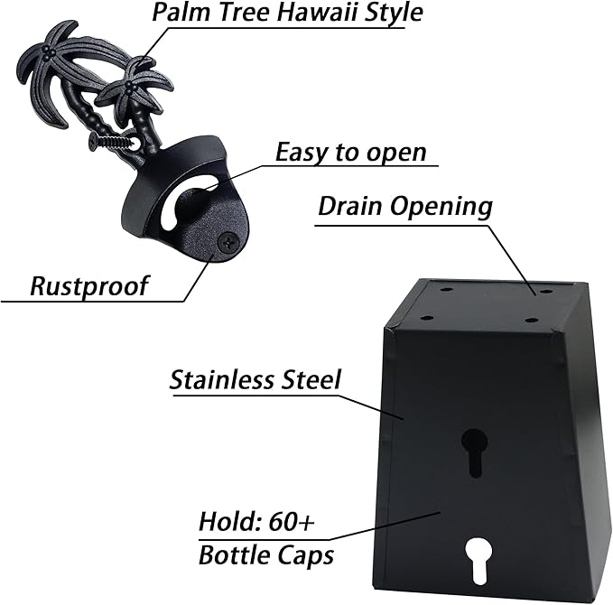 Black Palm Tree Beer Opener Wall Mounted Bottle Cap Opener with Cap Catcher Drainage for Beach Theme Gifts