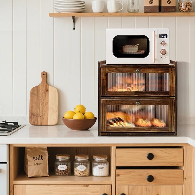 Bread Box for Kitchen Countertop, 2 Layer Large Capacity Wooden Bread Storage Container with Clear Wavy Acrylic Window Breadbox Holder Keeper Farmhouse Food Organizer