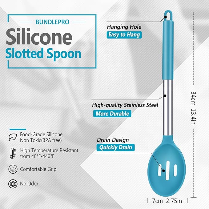 Pack of 2 Large Silicone Slotted Spoon Kitchen Skimmer with High Heat Resistant BPA Free Non Stick Cooking Ladle Strainers For Draining and Frying (Gray-Blue)
