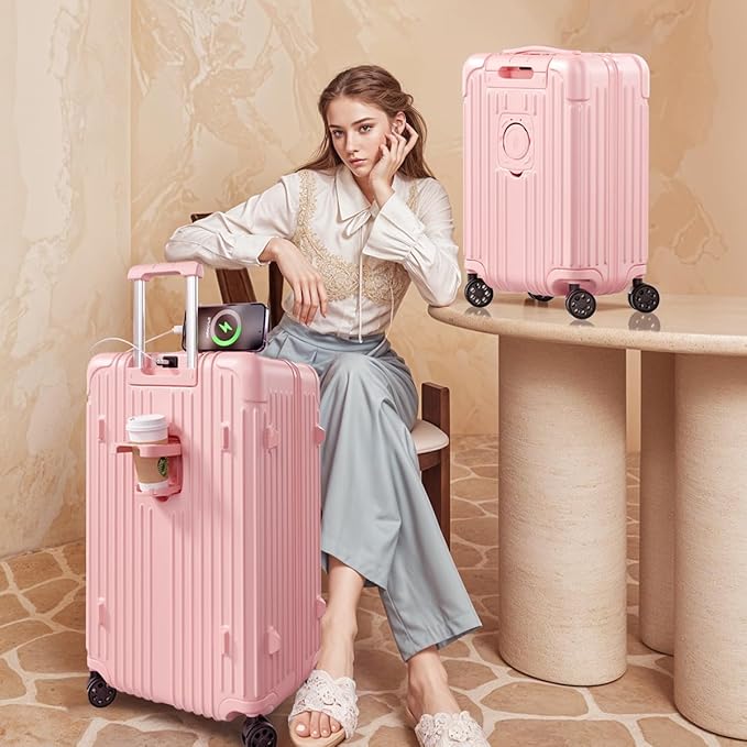 Krute Carry on Luggage 20 Inch Suitcases with Spinner Wheels Hardside Luggages Cup Holder Carry Suitcase USB Charger Port PC+ABS with TSA Lock