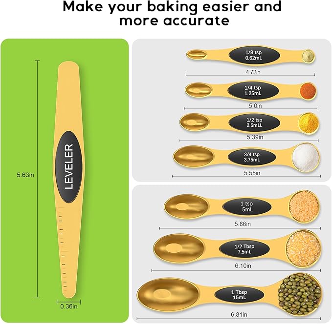 Magnetic Measuring Spoons Set with Strong N45 Magnets, Heavy Duty Stainless Steel Metal, Fits in Most Kitchen Spice Jars for Baking & Cooking, BPA Free, Multicolor, Set of 8 with Leveler(Gold)