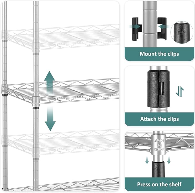 Homdox 6-Tier Storage Shelf Wire Shelving Unit Free Standing Rack Organization with Caster Wheels, Stainless Side Hooks, Silver Gray