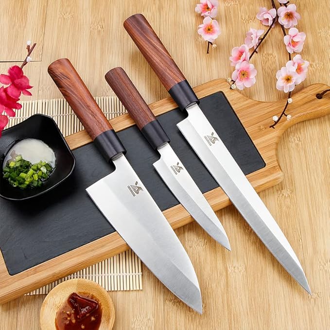 MSY BIGSUNNY 3pcs Sashimi Knives Set - Sushi Knife Set (3 in 1) - Stainless Steel - Brown