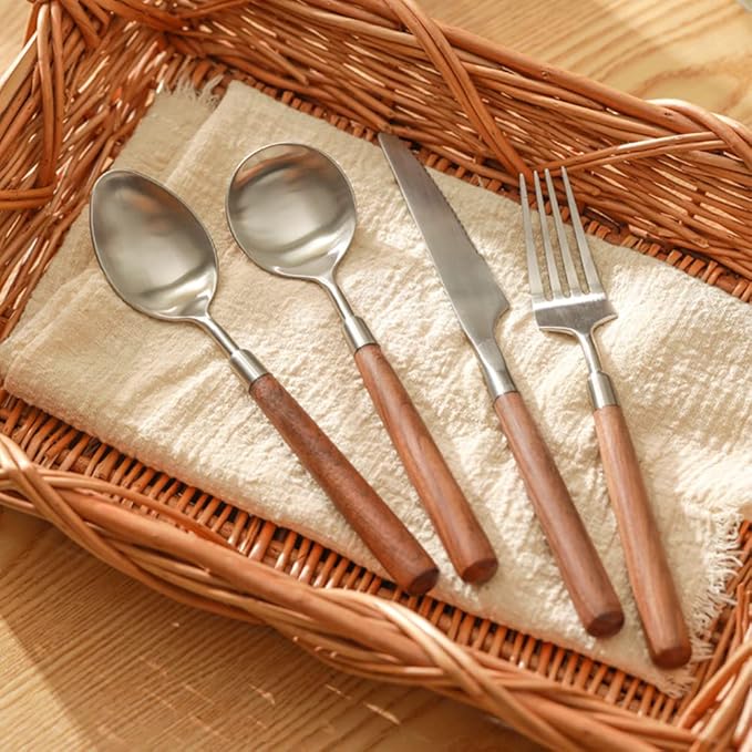 Wood Silverware Set for 14 - Wooden Flatware Cutlery Utensils 18/10 Stainless Steel Walnut Handle 56 Piece Include Knives Forks and Spoons Tableware for Home Kitchen Wedding Restaurant