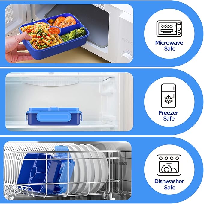 Jelife Bento Lunch Box - Kids Prints Leakproof 4 Compartments Large Bento-Style Bento Box Toddler Lunchbox Containers with Tableware Back to School, Reusable On-the-Go Meal and Snack Packing, Dianosar