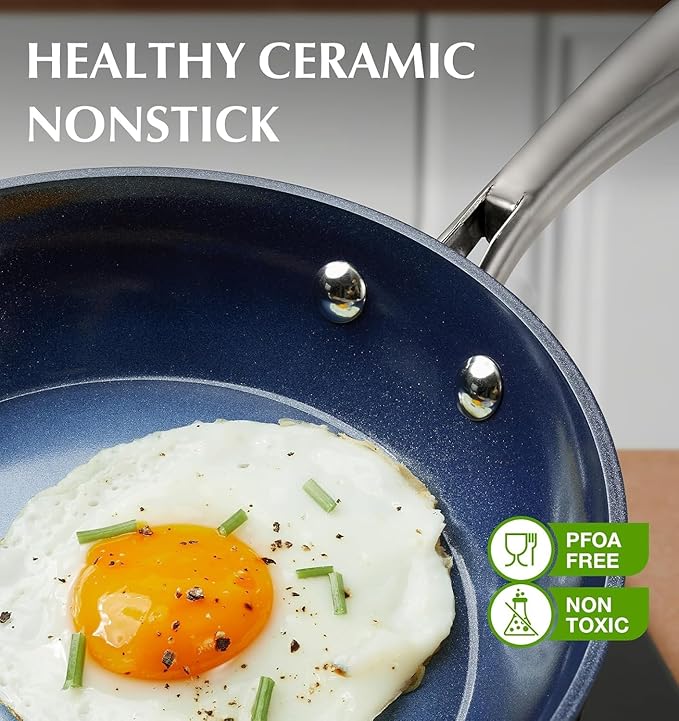 KOCH SYSTEME CS 14 Inch Large Frying Pan with Lid, Nonstick Skillet with Ceramic Interior, Large Fry Pan for Family & Commercial Cooking, Frying Pan Nonstick, Oven Safe & Induction Compatible, Blue