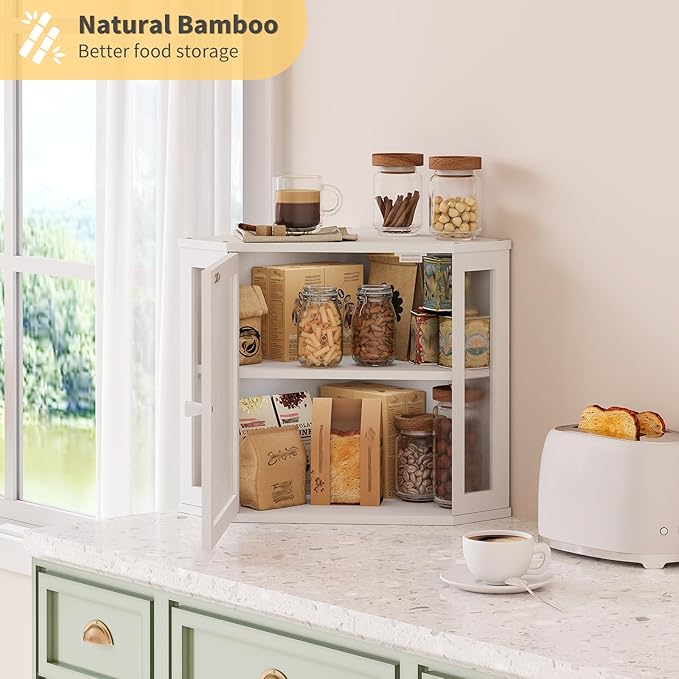 Corner Bread Box for Kitchen Countertop,Bread Storage for Homemade Bread, Double Layer Large Bamboo Kitchen Storage Bin with Window (White, Medium)