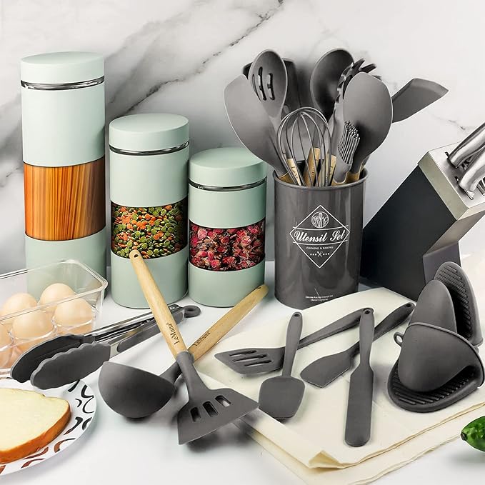 LeMuna Silicone Cooking Utensils Set, Kitchen Utensils for Cooking with Holder, Wooden Handle Silicone Utensils Spatula Set, Heat Resistant, BPA Free, Non Toxic Kitchen Gadgets, Gray