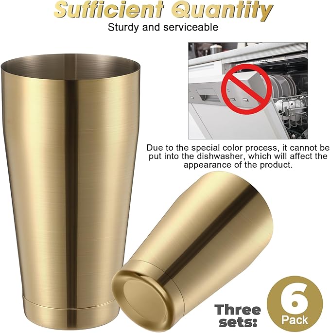 Sabary 6 Pcs Cocktail Shakers Professional Bar Shaker Boston Set Stainless Steel Martini Drink Mixer Basic Tool Weighted Shake Metal Can Cocktail Shaker Set, 18 Oz, 28 oz (Sanding Gold)