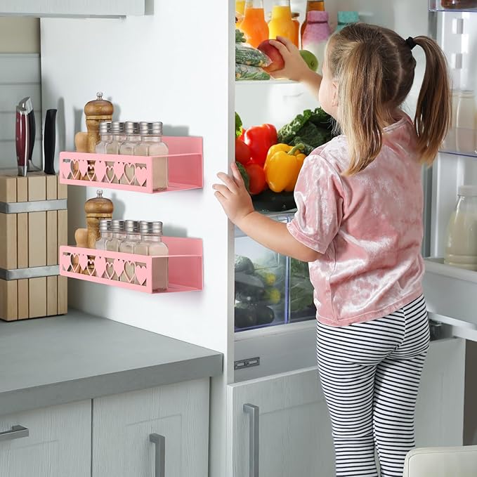 2 Pack Heart Magnetic Spice Rack for Refrigerator Metal Magnet Basket Shelf for Fridge Seasoning Storage Organizers Home Decor Kitchen Accessories (Pink)