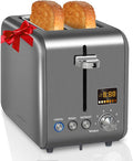 SEEDEEM Toaster 2 Slice, Stainless Steel Bread Toaster LCD Display, 7 Shade Setting, 1.4'' Wide Slots, Bagel/Defrost/Reheat Functions, Removable Crumb Tray, 900W, Dark Metallic